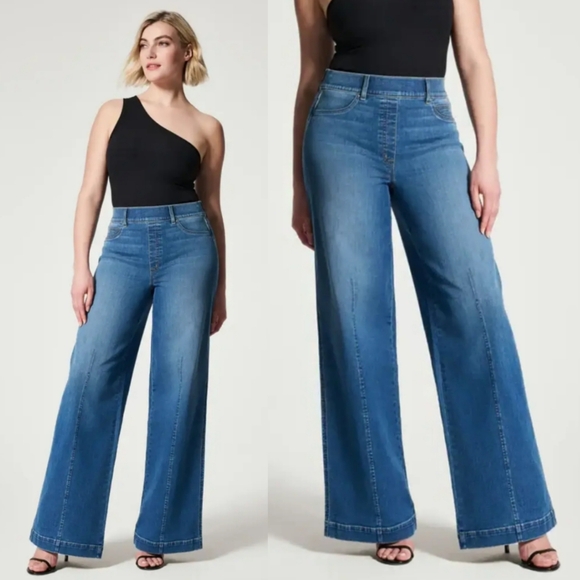 SPANX Denim - Spanx Pull On Wide Leg Jeans In Medium Wash Size Woman's Large